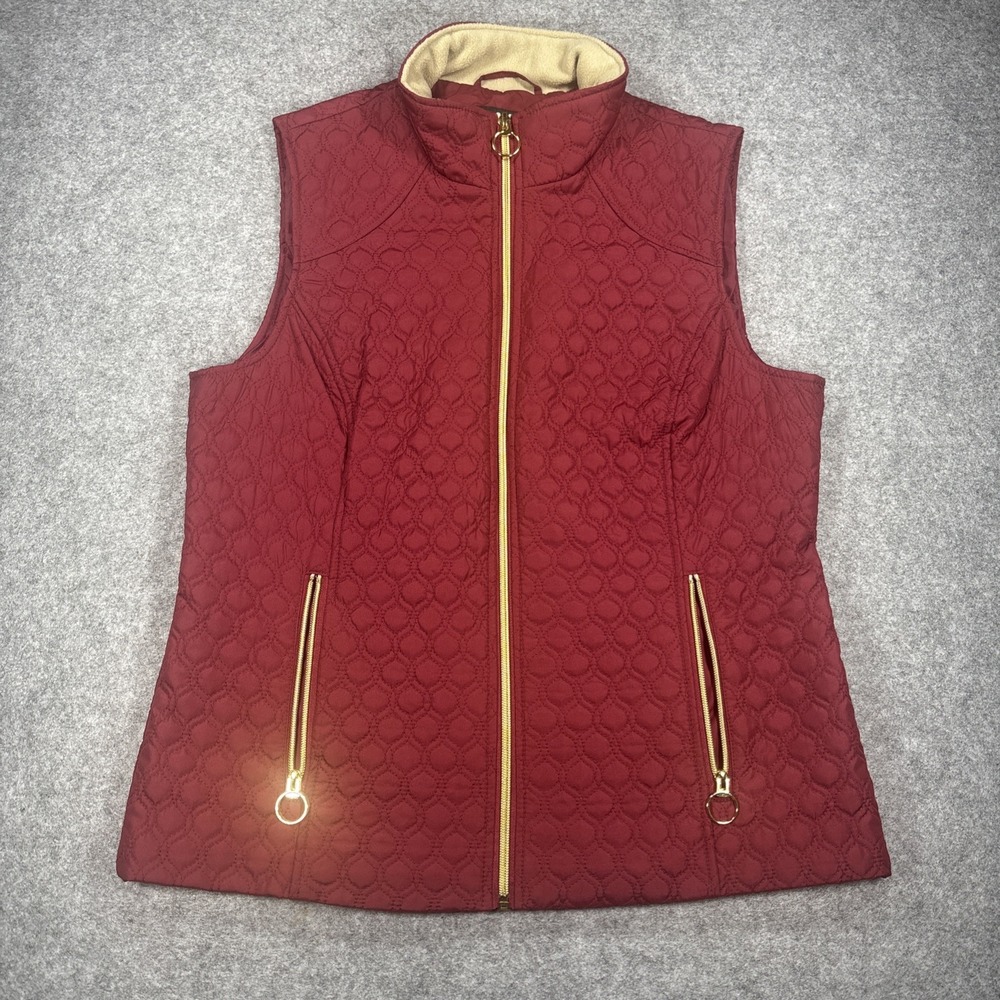 Black Rivet Quilted Vest Womens Medium Red Gold Zippers Sleeveless Jacket